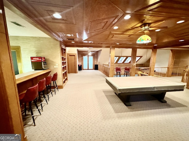 playroom featuring pool table, visible vents, a ceiling fan, a bar, and carpet