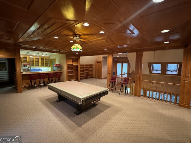 rec room featuring billiards, wood ceiling, carpet, a bar, and recessed lighting