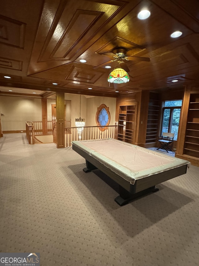 rec room with wood ceiling, pool table, carpet flooring, built in shelves, and recessed lighting