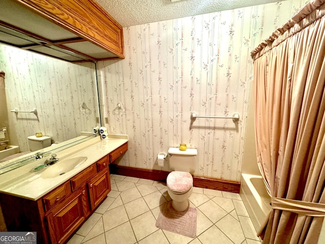 full bath with toilet, wallpapered walls, tile patterned flooring, and a textured ceiling