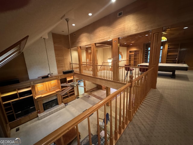 interior space with recessed lighting, carpet, visible vents, and a ceiling fan