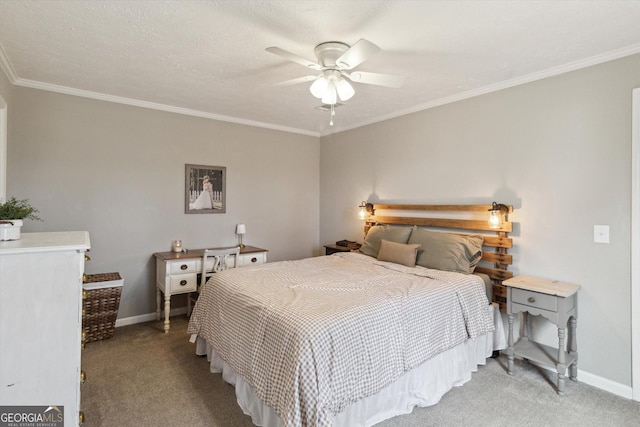 bedroom with baseboards, light carpet, and ornamental molding