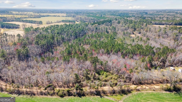 drone / aerial view featuring a wooded view