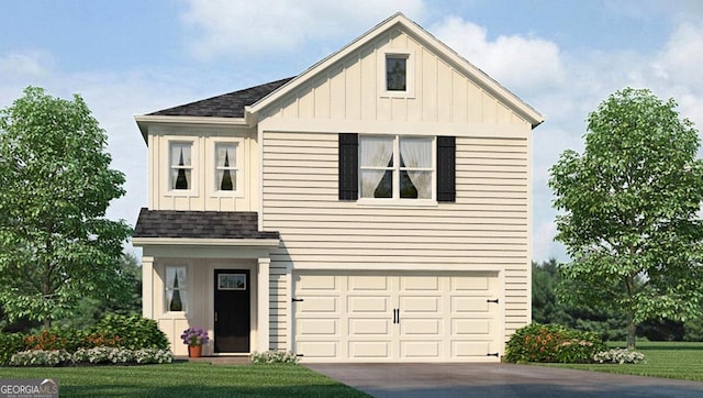 view of front of property with board and batten siding, concrete driveway, roof with shingles, and an attached garage