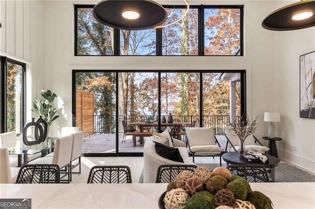 living area featuring baseboards, a healthy amount of sunlight, and a high ceiling