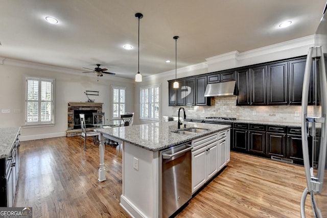 kitchen with stainless steel appliances, backsplash, a sink, a stone fireplace, and under cabinet range hood