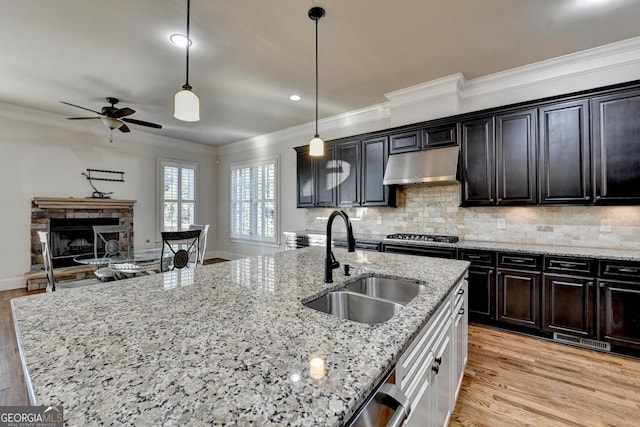 kitchen featuring under cabinet range hood, ornamental molding, light wood-style floors, and a sink