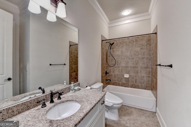 bathroom featuring toilet, tub / shower combination, crown molding, and vanity