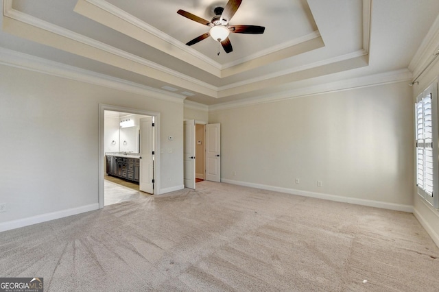 unfurnished bedroom with carpet, multiple windows, and a tray ceiling