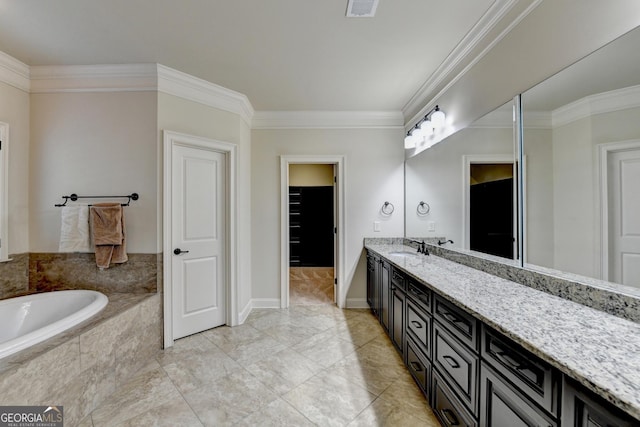 full bath with baseboards, visible vents, crown molding, vanity, and a bath