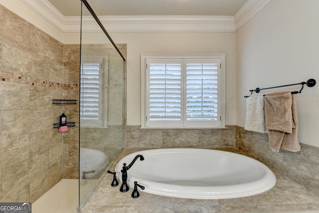 full bath with a tile shower, ornamental molding, and a garden tub