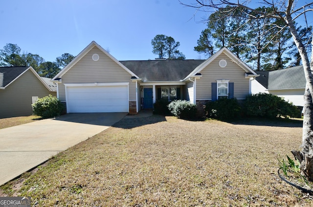 single story home with a garage, stone siding, and concrete driveway