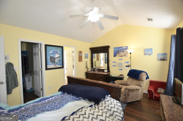 bedroom with dark wood-type flooring, visible vents, vaulted ceiling, and ceiling fan