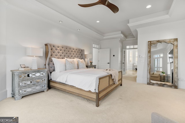 carpeted bedroom featuring a ceiling fan, recessed lighting, and crown molding