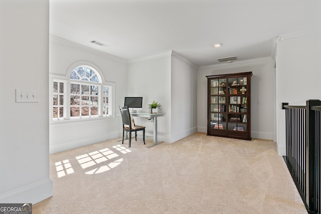 sitting room with ornamental molding, carpet, and visible vents