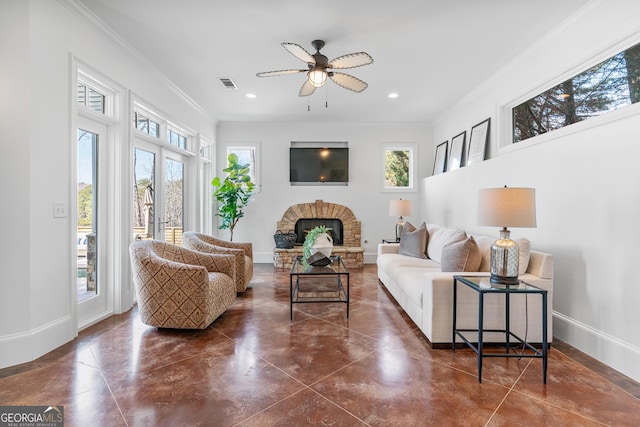 living room with baseboards, finished concrete floors, and visible vents