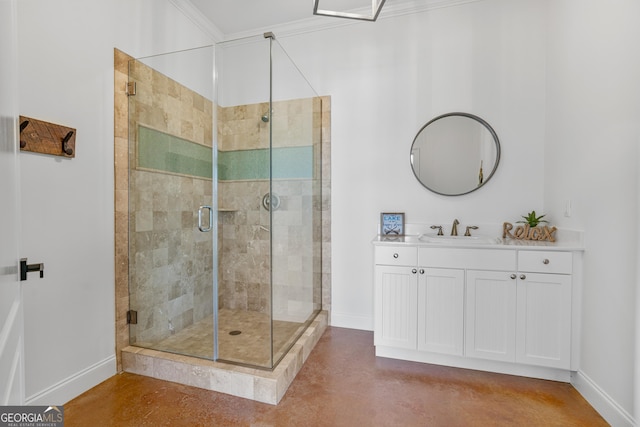 bathroom with finished concrete flooring, a stall shower, and baseboards
