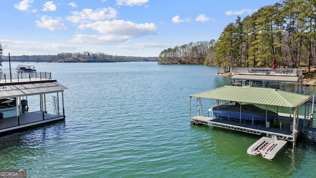 view of dock with a water view and boat lift
