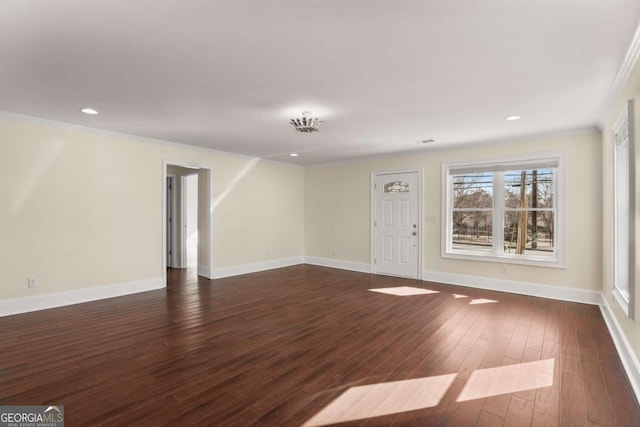 unfurnished living room featuring recessed lighting, ornamental molding, baseboards, and dark wood-style flooring