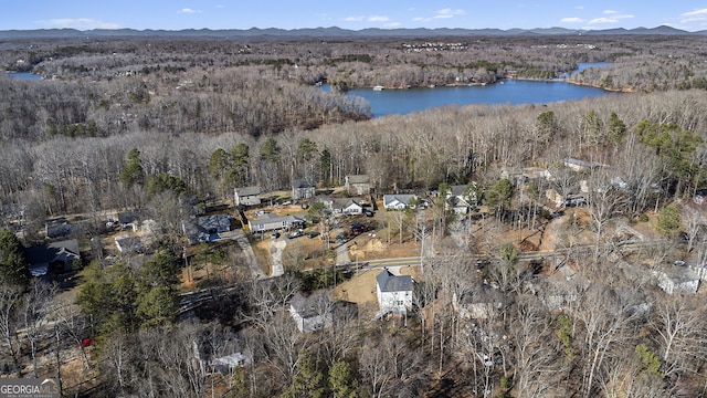 birds eye view of property with a water and mountain view and a view of trees