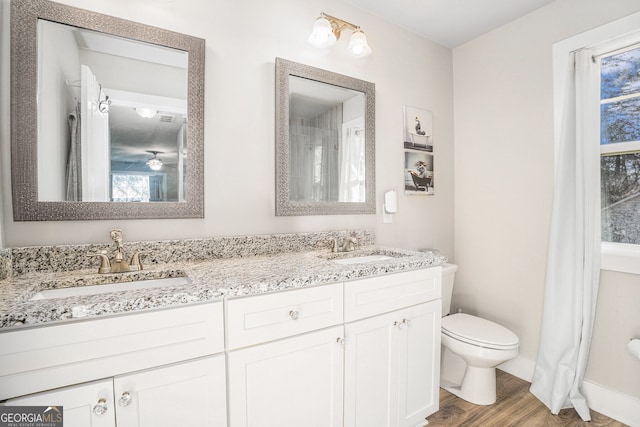 bathroom featuring double vanity, wood finished floors, a sink, and toilet