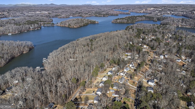 bird's eye view featuring a water view and a view of trees