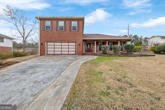 view of front facade featuring concrete driveway, an attached garage, a front lawn, a porch, and brick siding