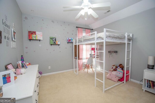 bedroom with a ceiling fan, visible vents, light carpet, and baseboards