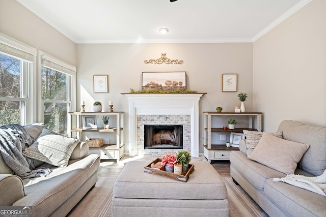 living area with wood finished floors, a tiled fireplace, and crown molding