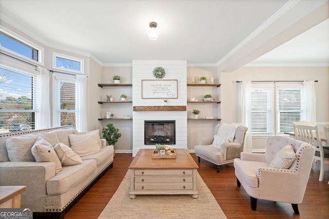 living area featuring ornamental molding, a large fireplace, baseboards, and dark wood-style flooring