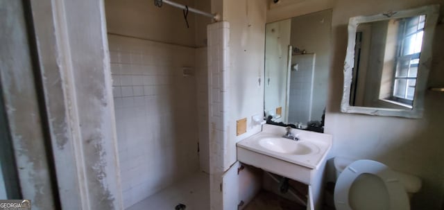 bathroom with toilet, a shower stall, and a sink