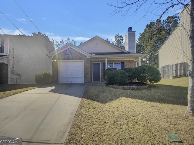 view of front of home with a garage, brick siding, fence, driveway, and a chimney