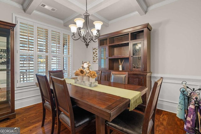 dining space with beam ceiling, dark wood-style flooring, and visible vents