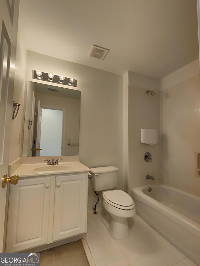 full bathroom with toilet, vanity, visible vents,  shower combination, and tile patterned floors