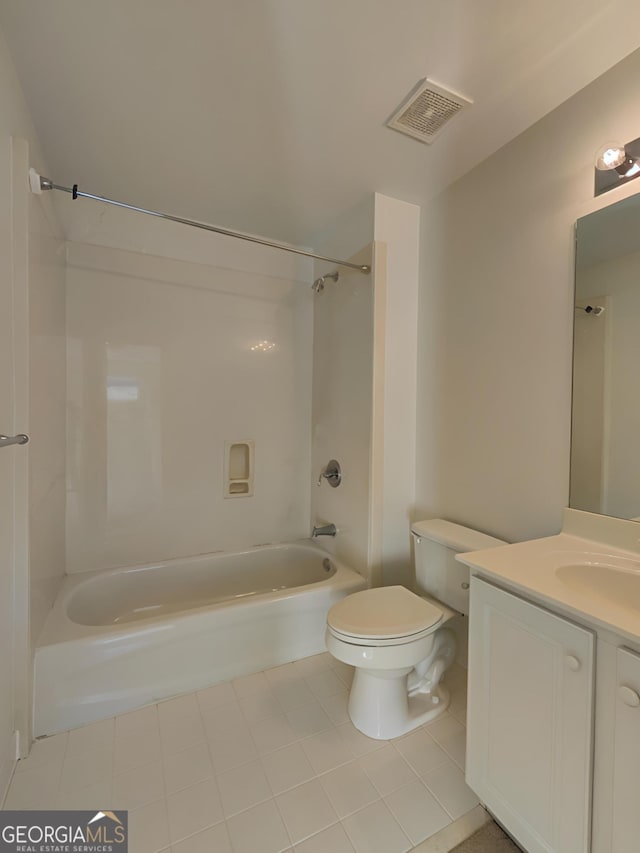 bathroom with toilet, vanity, shower / tub combination, and visible vents