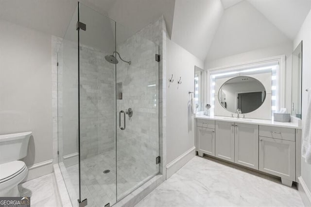 bathroom featuring toilet, marble finish floor, vaulted ceiling, and a stall shower