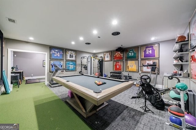 playroom featuring recessed lighting, baseboards, visible vents, and carpet flooring