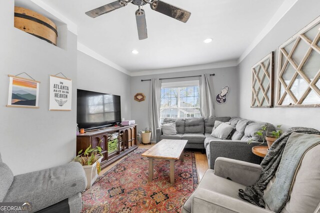 1015 Michigan Ave NW, Atlanta, GA 30314 - living area featuring wood finished floors, a ceiling fan, recessed lighting, and crown molding