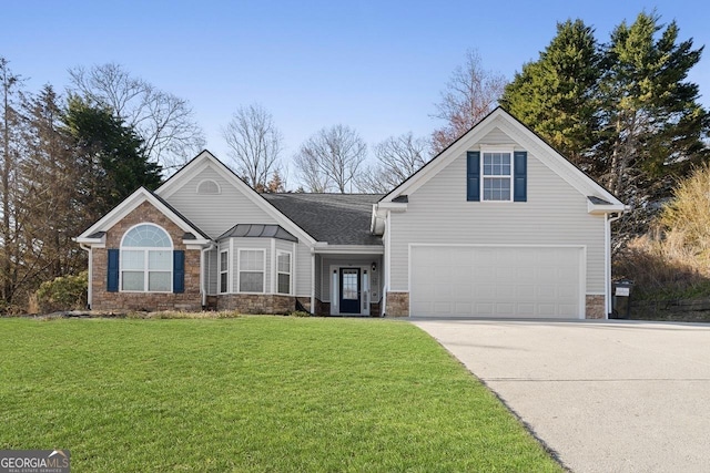 view of front of home featuring stone siding, concrete driveway, an attached garage, and a front lawn