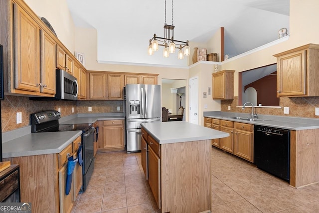 kitchen featuring a center island, light tile patterned floors, an inviting chandelier, a sink, and black appliances