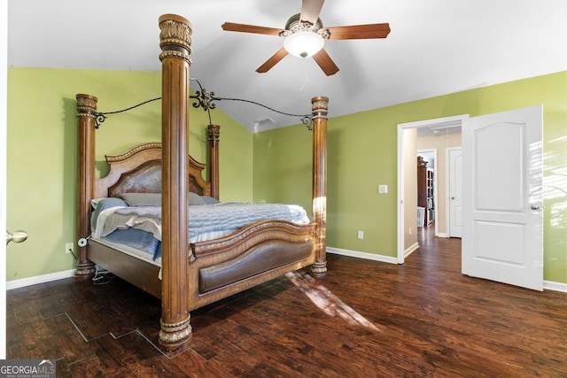 bedroom featuring ceiling fan, baseboards, and wood finished floors