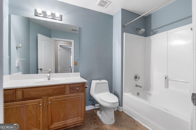 bathroom with tile patterned flooring, toilet, vanity, bathing tub / shower combination, and visible vents