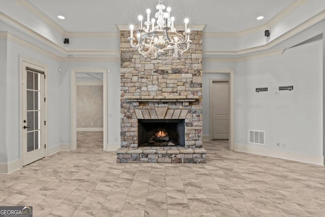 unfurnished living room with ornamental molding, visible vents, a fireplace, and baseboards