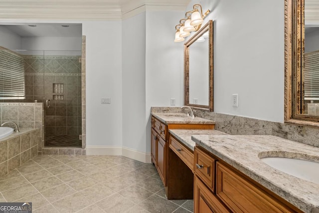 full bath with a garden tub, tile patterned flooring, a sink, two vanities, and a shower stall