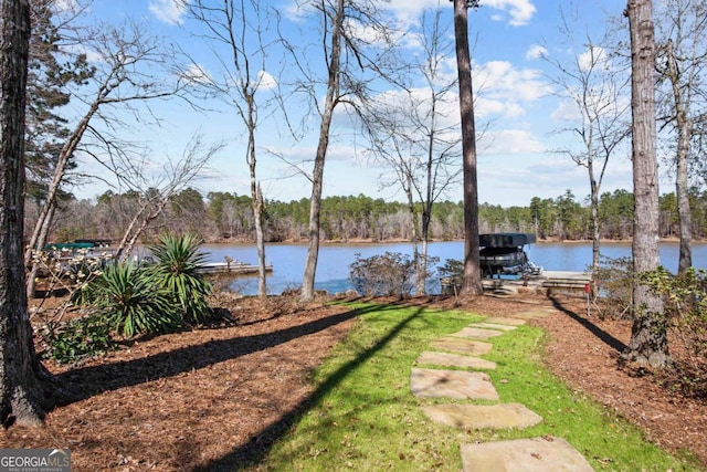 view of yard featuring a boat dock and a water view