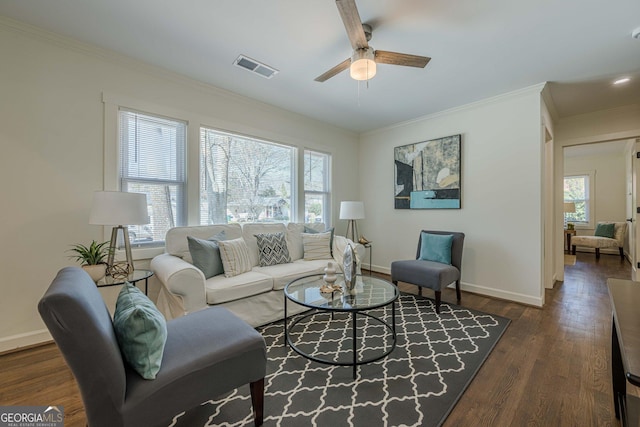 living area featuring dark wood finished floors, visible vents, a wealth of natural light, and ornamental molding