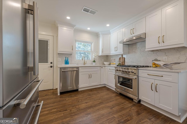 kitchen with visible vents, under cabinet range hood, a sink, light countertops, and high end appliances