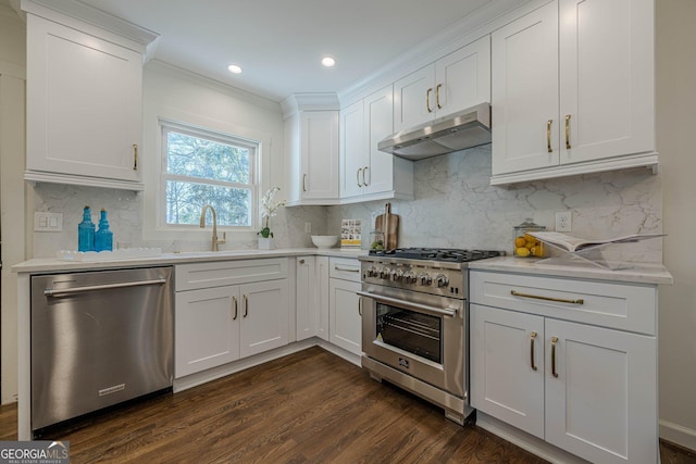 kitchen featuring dark wood-style floors, a sink, stainless steel appliances, light countertops, and under cabinet range hood