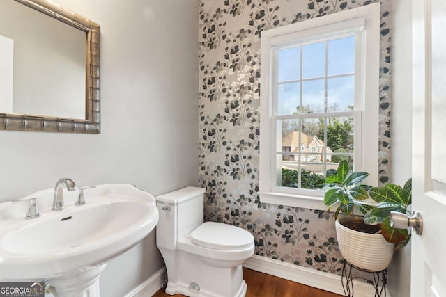 half bath featuring toilet, baseboards, a sink, and wood finished floors