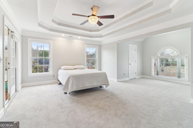 bedroom featuring ornamental molding, multiple windows, and a raised ceiling